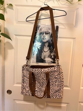 Source Unknown Cream and Black Spotted Canvas Shoulder Bag with Brown Straps